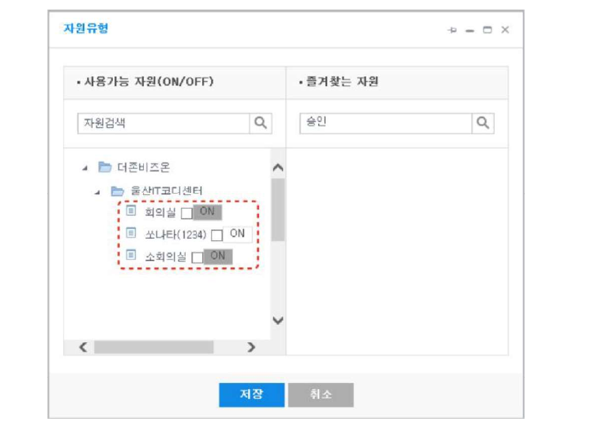 자원유형 다이얼로그 — 사용가능 자원(ON/OFF) 목록에서 회의실, 쏘나타(1234), 소회의실 등 자원 옆 ON 토글