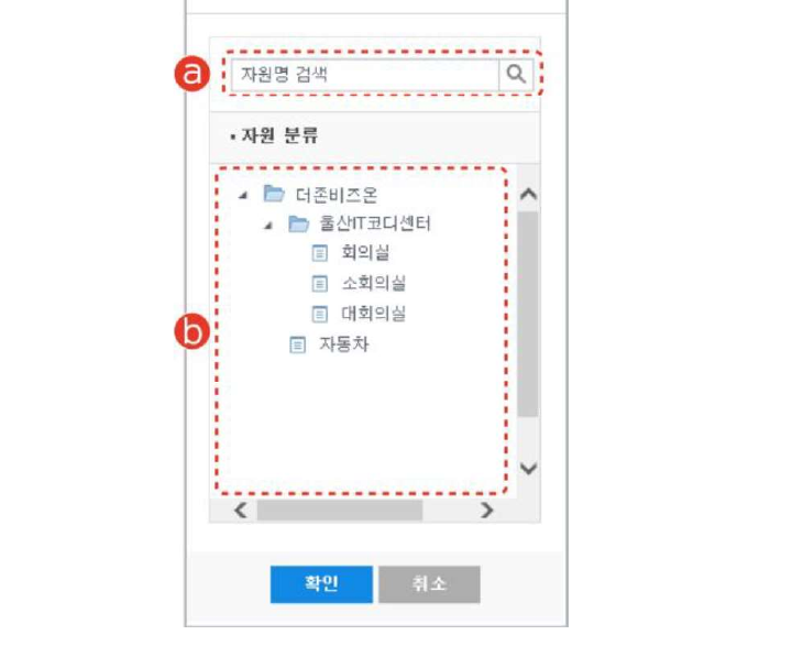 자원선택 다이얼로그 — (a) 자원명 검색, (b) 자원 분류 트리(더존비즈온 > 울산IT코디센터 > 회의실/소회의실/대회의실/자동차)