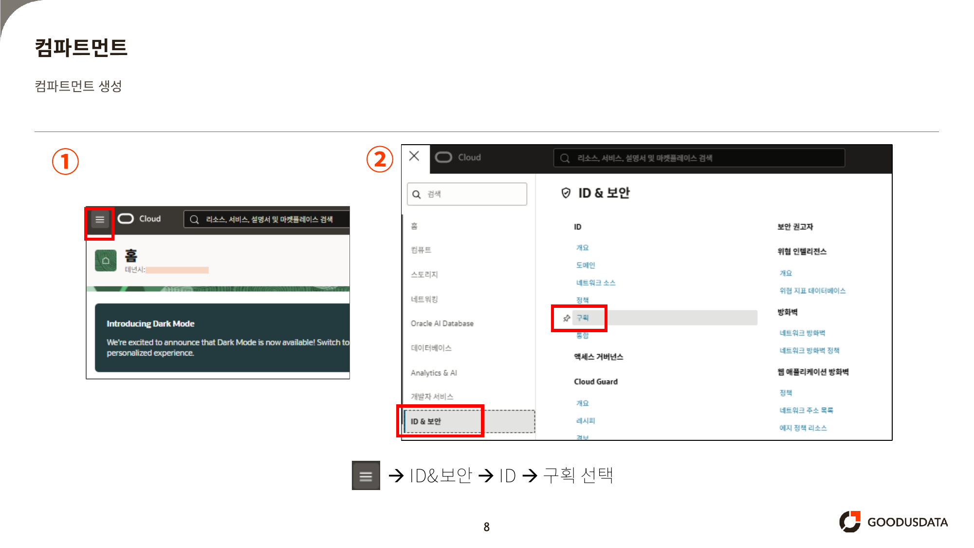 메뉴 -> ID&보안 -> ID -> 구획 선택